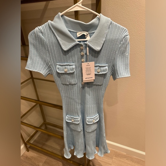 Self-Portrait Light Blue Ribbed Knit Mini Dress - Picture 9 of 14
